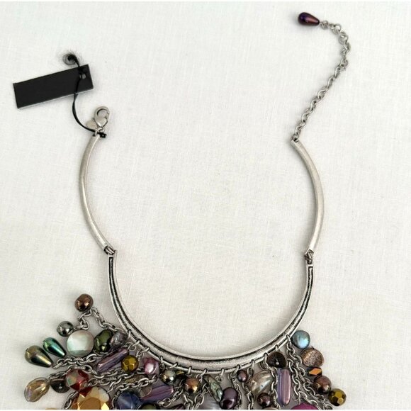 Chicos Necklace 15 to 19in Genuine Shell Multi Bead Silver Tone Statement Collar - Picture 6 of 13